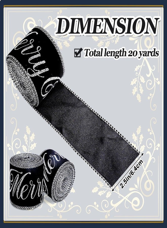 وولاين شريط مخملي سلكي من والين، لفتان، 2.5 بوصة، أسود وفضي لامع، لتزيين عيد الميلاد، مناسب لتغليف الهدايا، وصنع الأقواس، وأكاليل الزهور، وديكور المنزل، بطول 20 ياردة. - Image 2